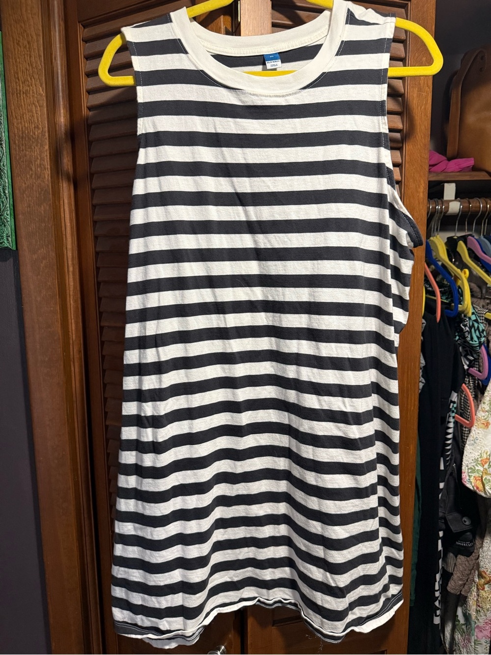 Old Navy Black & White Striped Crewneck Tank with Yellow Accent